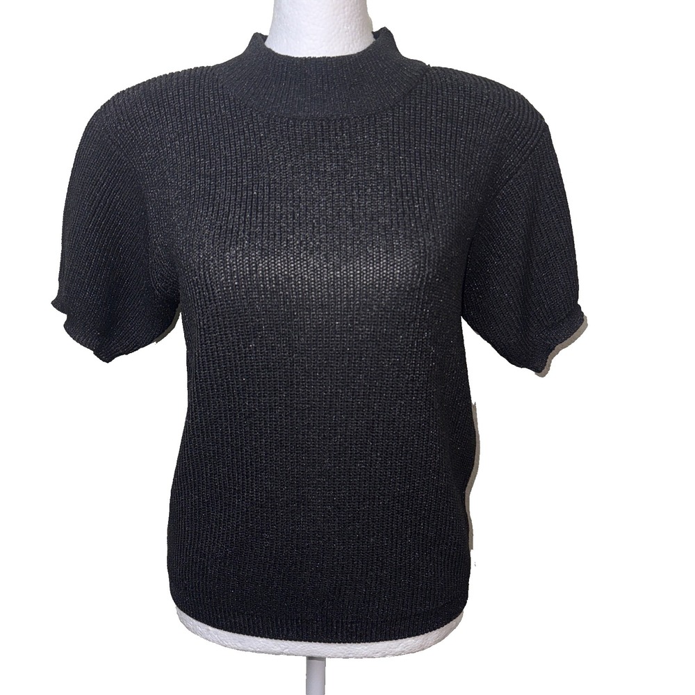 Vintage Gardy California Black Metallic Knit Mock Neck Sweater Top Small Shimmer